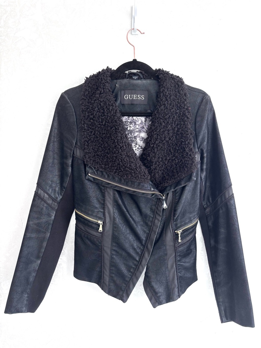 GUESS Black Faux Leather Moto Jacket Sherpa Collar XS